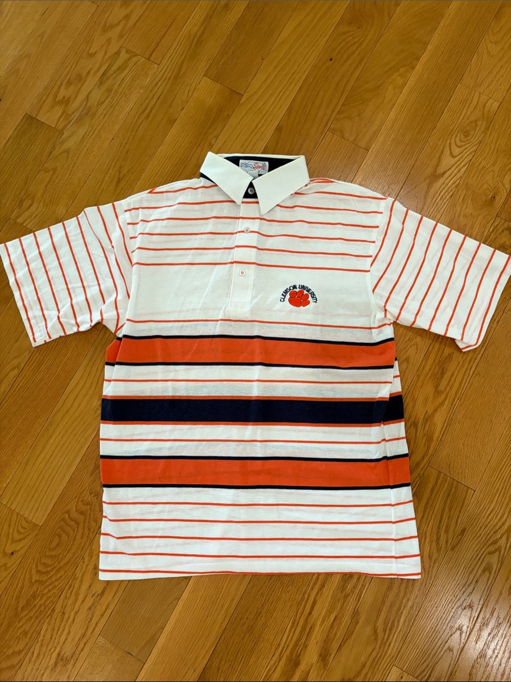 Clemson Striped Polo Shirt in White and Orange
